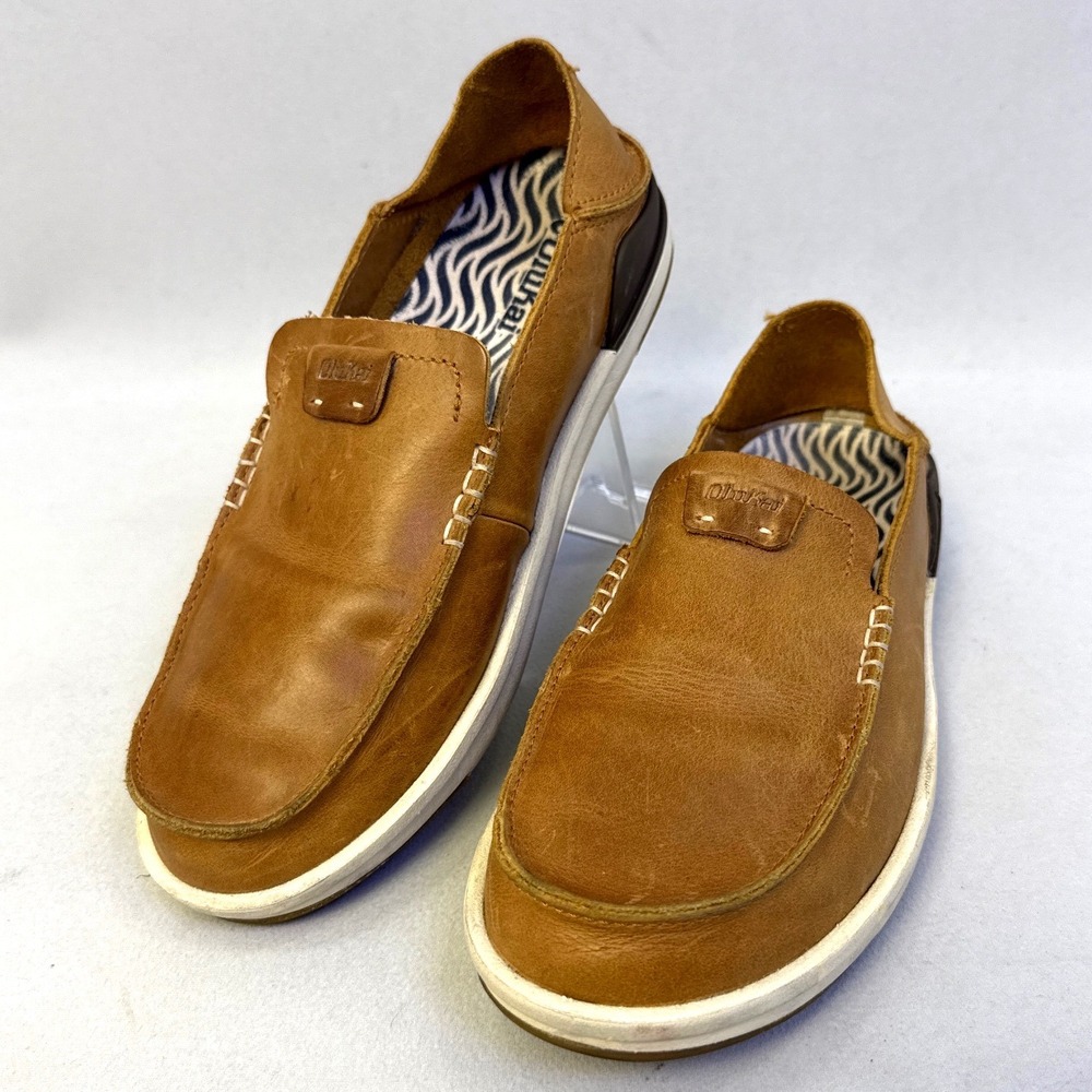 OluKai Kakaha Mens 7 Fox Brown Leather Slip On Loafer Shoes